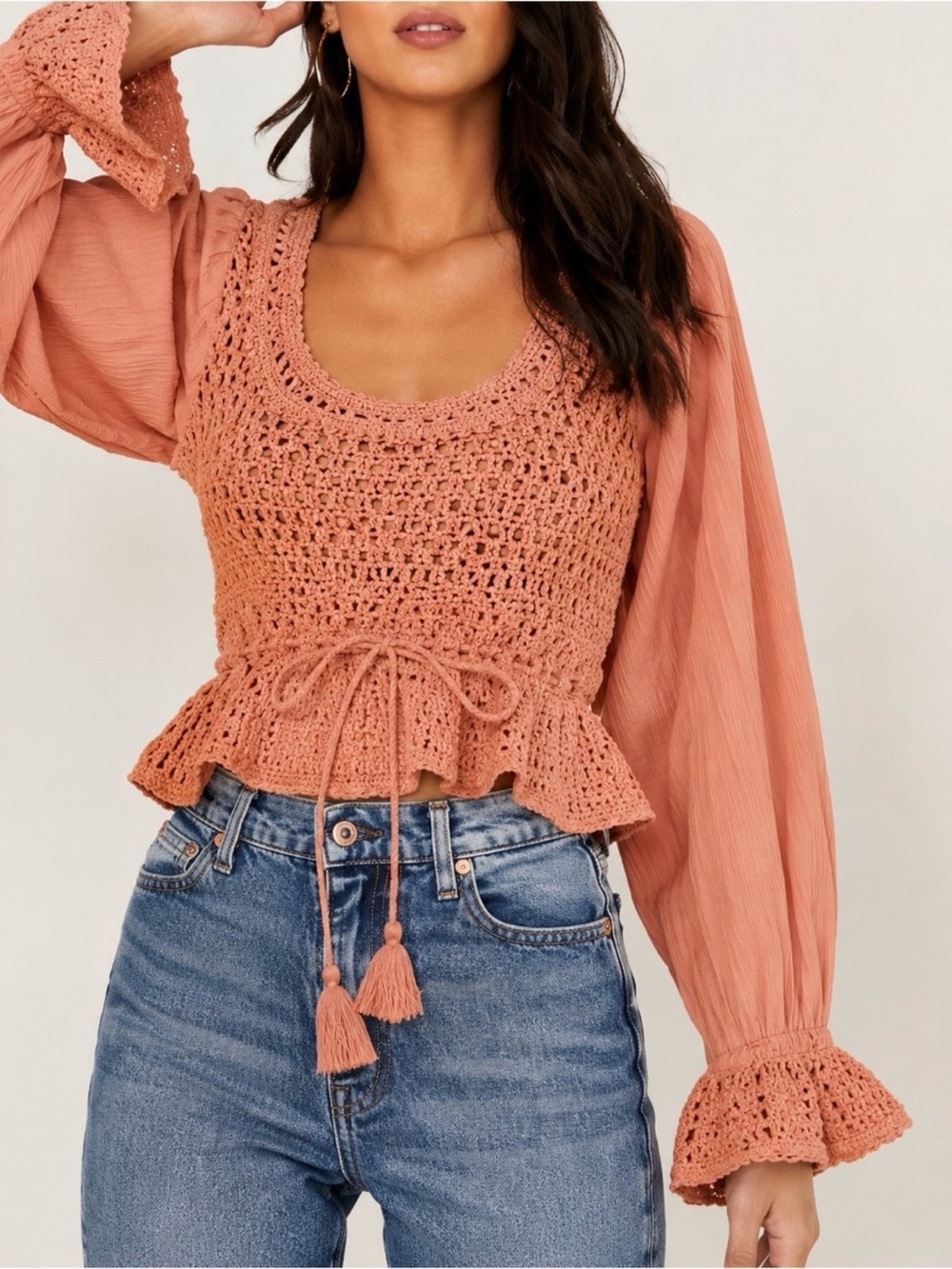 🤍 NWT Free People Small Petite Crochet Open Back Boho Peasant Top Terracotta